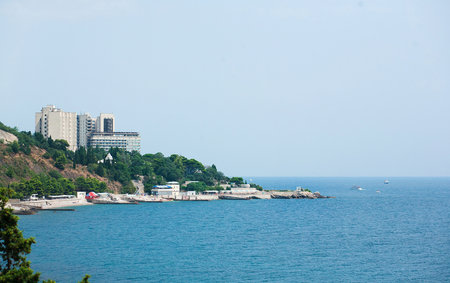 Boat at the marina. The city of Yalta. Ukraine. Crimea. Tne cruise ships in the port of Yalta, Crimeaの写真素材