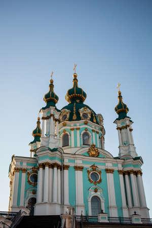 Beautiful baroque St. Andrew's Church or the Cathedral of St. Andrew was built in Kyiv between 1747 and 1754, and designed by the imperial architect Bartolomeo Rastrelli. Kiev, Ukraine.の写真素材
