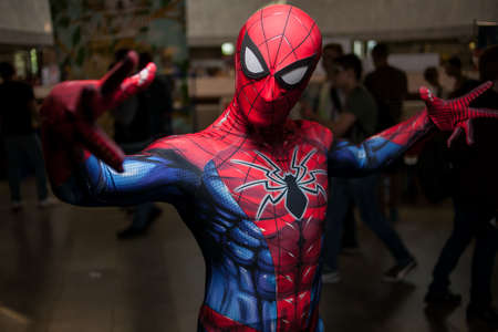 Kiev, Ukraine - June 1, 2019: Kiev Comic Con, an annual fandom festival in Ukraine. Festival of comics. Cosplayers dressed as their favorite superheroes. Marvel Cosplay, Avengers, Mortal Kombat, DCのeditorial素材