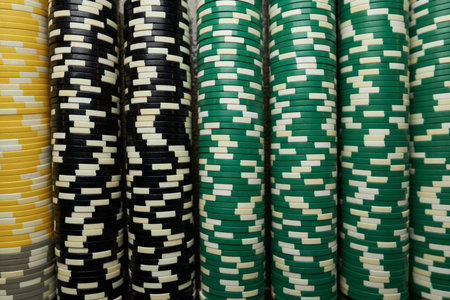 Poker chips colorful gaming pieces lie on the game table in the stack. Background for gambling,...