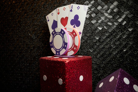 casino themed party. themed party decorations in the form of playing cards, poker chips and dice....