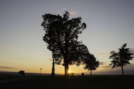 Tree silhouette in sunset with a wayside cross with field and road. Calvary in landscape. Olomouc Czech Republicの写真素材