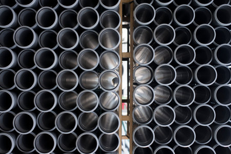 Background of grey plastic sewage pipes used at the building site. Texture and pattern of plastic...