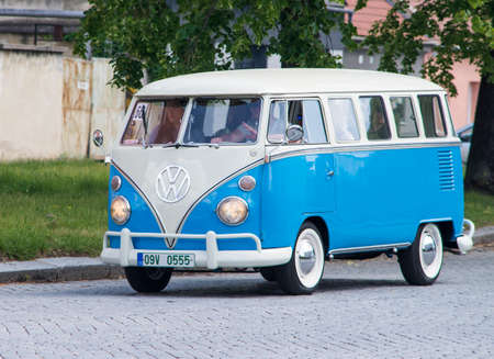Prostejov Czech Rep May 20th 2018. Volkswagen type 2 model during historical car parade. Transporter, Kombi and Microbus Wolkswagen driwen in a street.のeditorial素材