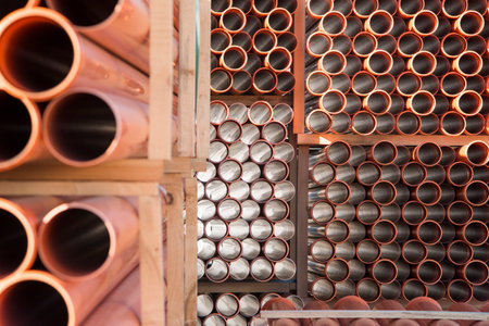 Background of orange plastic sewage pipes used at the building site. Texture and pattern of plastic drainage pipe. Light through tubes.の写真素材