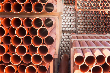 Background of orange plastic sewage pipes used at the building site. Texture and pattern of plastic drainage pipe. Light through tubes.の写真素材