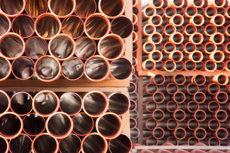 Background of orange plastic sewage pipes used at the building site. Texture and pattern of plastic drainage pipe. Light through tubes.の写真素材