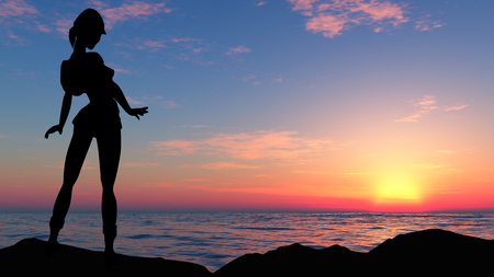 the traveller's silhouette on the sea coast against a sunsetの写真素材