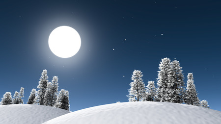 Winter night landscape with snowdrifts, night stellar sky and bright moon.の写真素材