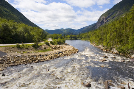 Beautiful landscape with mountains river and forestの写真素材