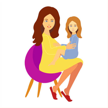 Happy little girl sitting in arms of young loving mother holding. Mom hugs daughter. Young beautiful woman sitting in a chair and holding her baby.の写真素材