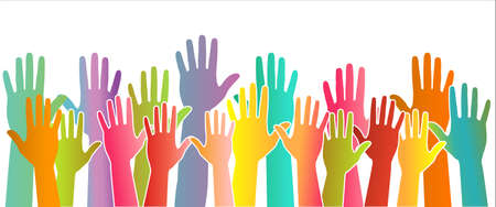 Colored volunteer crowd hands isolated on white background. Raised hand silhouettes, people colorful voting illustration. Teamwork, collaboration, voting, volunteering concert.のイラスト素材