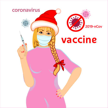 Nurse in a medical mask holds a syringe in her hands. The concept of the hope of receiving a vaccine by 2021. Finish covid pandemic in 2021. snow maidenのイラスト素材