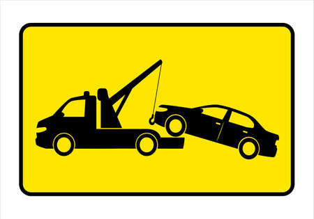 Tow truck city road assistance service evacuator. Parking violation. Road sign - no Parking. Sign of a tow truck yellow. Black icon. Raster illustration of no parking anytime sign on white backgroundの写真素材