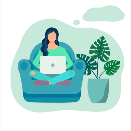 Girl works sitting at home. Remote work, freelance. Self-isolation during the coronavirus epidemic. Vector illustration in flat styleのイラスト素材