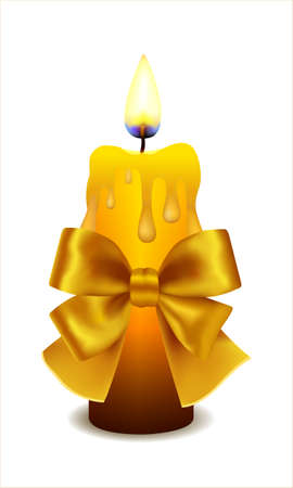 Burning candle and a large bow of gold ribbon on a white background. Vector realistic illustrationのイラスト素材
