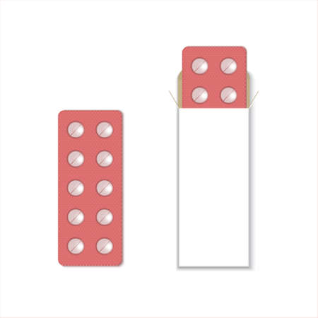 White package with tablets, blisters pack medicines mock up template. Painkillers, antibiotics, vitamins, aspirin tablets for your design. Pneumonia and coronavirus treatment. Realistic mock-upの写真素材