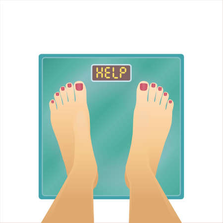 Feet on bathroom scale with word "Help" on dial. Weight problems concept with woman feet on scaleの写真素材