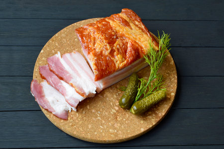 Pieces of bacon with herbs and pickled cucumbers on dark wooden background. Smoked bacon on a round cork tray. Good cholesterol. Keto diet.の写真素材