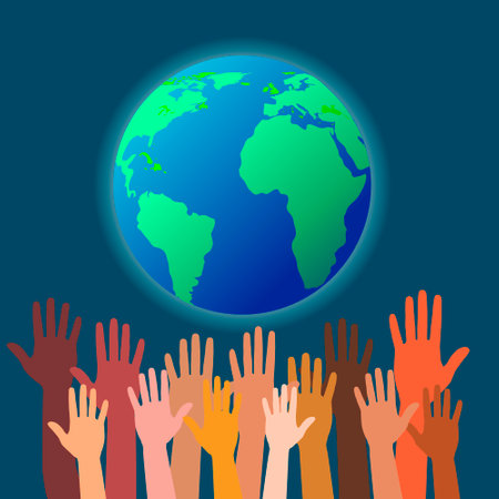 Group of hands of different colors and globe. People of the world, cultural and ethnic diversity. Save the blue Planet. People help and take care of the Earth. Template for Earth Day. Save the worldのイラスト素材