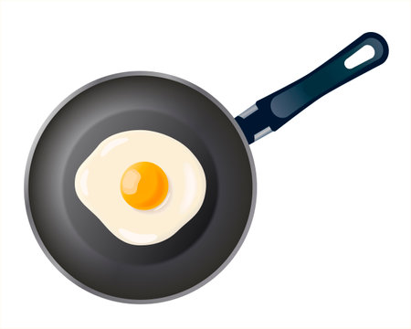 Pan with fried egg isolated on white background. Cooking foods. Cooked omelet. Cooking lunch, dinner, breakfast. Scrambled eggs. Metallic utensil for frying. Cook tools. Eggs Omelette. Top view.の写真素材