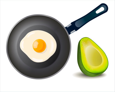 Breakfast skillet pan of fried egg and avocado isolated on white background. Cooked omelet. Cooking lunch, dinner. Scrambled eggs. Metallic utensil for frying. Cook tools. Eggs Omelette. Top view.のイラスト素材