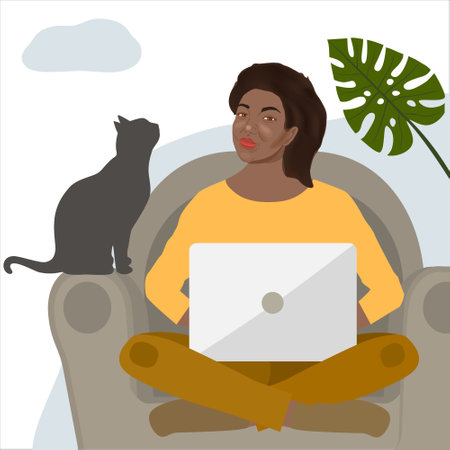 Happy young black woman working in home sitting to her armchair using her laptop. Remote work, freelance. Self-isolation during the coronavirus epidemic. Vector illustration in flat styleのイラスト素材