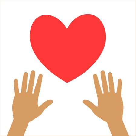 Hands reaching for the red heart. Flat vector illustration, metaphor of love and spring.のイラスト素材