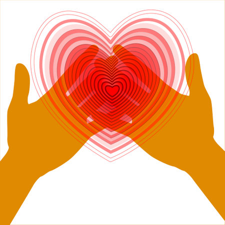 Happy World health day, Human hands holding love heart. Healthcare and medical concept. Hands with yellow skin color together to reach love symbol. No racism - illustration isolated on white backの写真素材