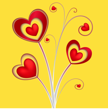 Bouquet made of red hearts on a yellow background. Floral heart shape raster background art. Love symbols design. Valentine's day theme.の写真素材