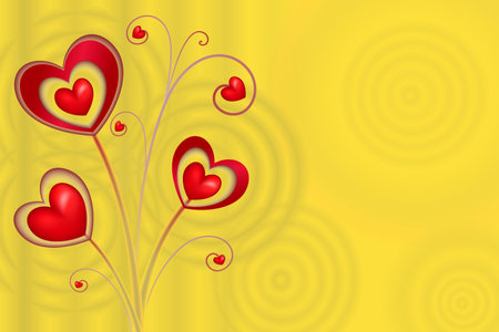 Bouquet made of red hearts on a yellow background. Floral hearts shape background art. Love symbols design with copy space. Valentine's day theme.の写真素材