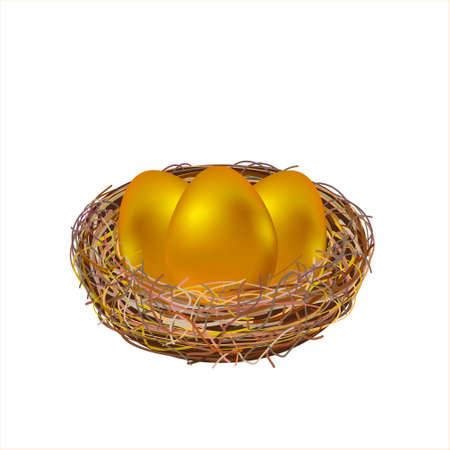 Three golden easter eggs in nest on white backgroundのイラスト素材