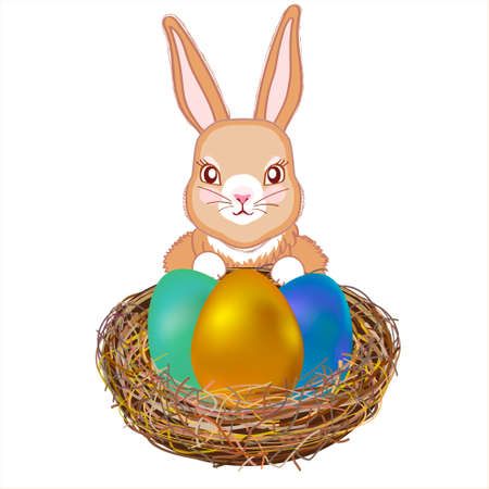 Traditional cute Easter bunny with a basket with three multi-colored eggs on white background.のイラスト素材
