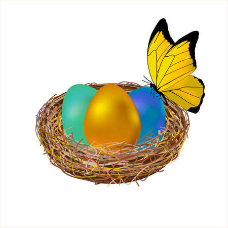 Three Easter eggs in a nest isolated on white background. Raster imageの写真素材