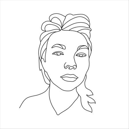Outline of beautiful girl face. Minimalist Black White Drawing Artwork.の写真素材