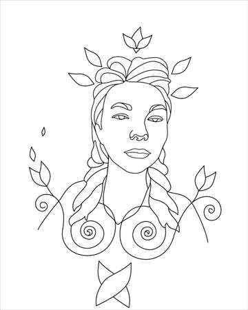 Beauty floral woman. Trendy abstract one line woman body with flowers and leaves. Flora and her nude breast. Continuous line print for textile, poster, card, t-shirt etc. Vector fashion illustration.のイラスト素材