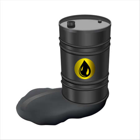 Black metal barrel and spilled oil. Barrel with spilled oil isolated on white background. Concept of pollution. 200L Industrial Oil Barrel. Single black barrel. 3D rendering.のイラスト素材