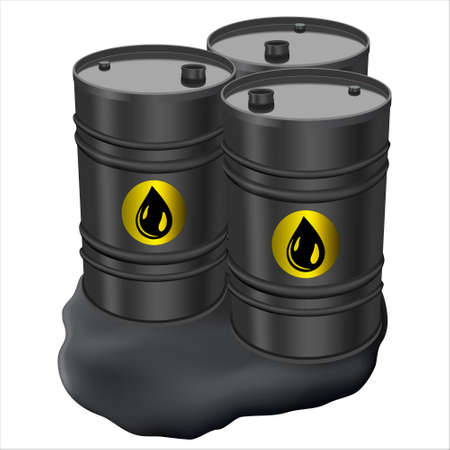 Three barrels of black metal and spilled oil. Barrel with spilled oil isolated on white background. Concept of pollution. 200L Industrial Oil Barrel. 3D rendering.の写真素材