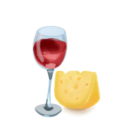 Glass of red wine and piece of cheese, isolated on white backgroundの写真素材