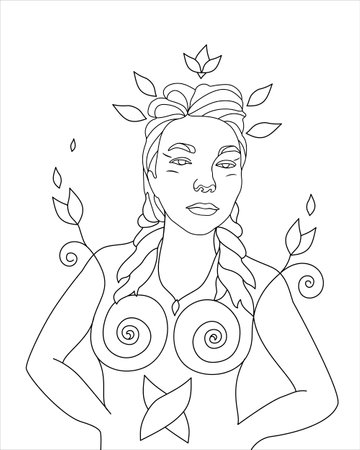 Beauty floral woman. Trendy abstract one line woman body with flowers and leaves. Flora and her nude breast. Continuous line print for textile, poster, card, t-shirt etc. Line art fashion illustrationの写真素材