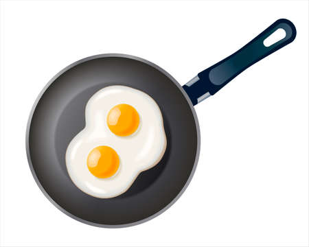 Pan with fried eggs isolated on white background. Cooking foods. Cooked omelet. Cooking lunch, dinner, breakfast. Scrambled eggs. Metallic utensil for frying. Cook tools. Eggs Omelette.3d illustrationの写真素材