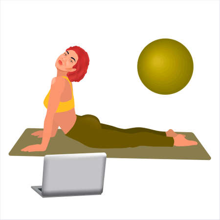 Beautiful sporty black woman practices yoga asana bhujangasana - cobra pose in front of her laptop, wearing sport outfit. Woman workout fitness, aerobic and exercises with fitness ball. Healthy lifesのイラスト素材
