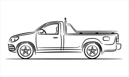 Outline illustration pickup truck, abstract silhouette on white background. Vehicle icons view from side. A hand drawn raster line art.の写真素材