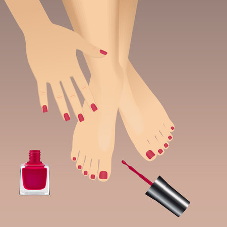 Manicure on female legs and hands with red nail polish on the broun background. Vector realistic illustration.のイラスト素材