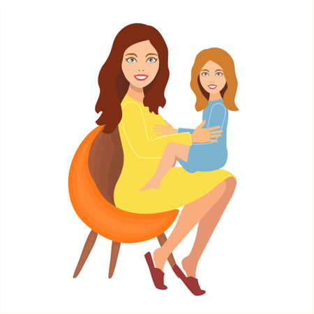Happy little girl sitting in arms of young loving mother holding. Mom hugs daughter. Young beautiful woman sitting in a chair and holding her baby.のイラスト素材