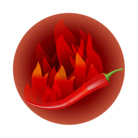 Red hot chili peppers and hot fire in a circle, isolated on a white background. Realistic sign for restaurants and cafesのイラスト素材