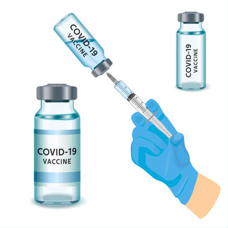 A blue-gloved medical nurse draws an ampoule into a syringe. Medical vaccination against coronavirus flu concept. Injection bottle for medical glass vials. 3D illustration.のイラスト素材