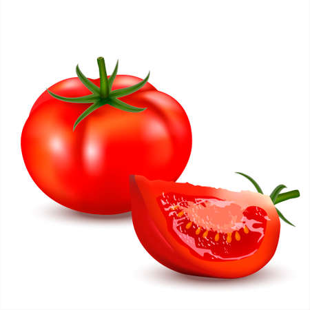 3d realistic fresh red big tomato whole and cut slice tomato isolated on white background.の写真素材