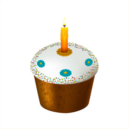 Delicious Easter Cake decorated with white sugar glaze, on which a candle burns. Traditional Slavic Easter cake decorated with sprinkles and colored flowers isolated on white backgroundのイラスト素材
