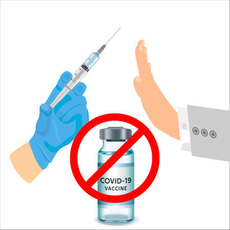 Protest against vaccination, man's hand rejecting preventive medicine. Refusal vaccination concept with sign stop, vial icon. Doc holds syringe in hand.Side effects, illness or death from the injectionの写真素材